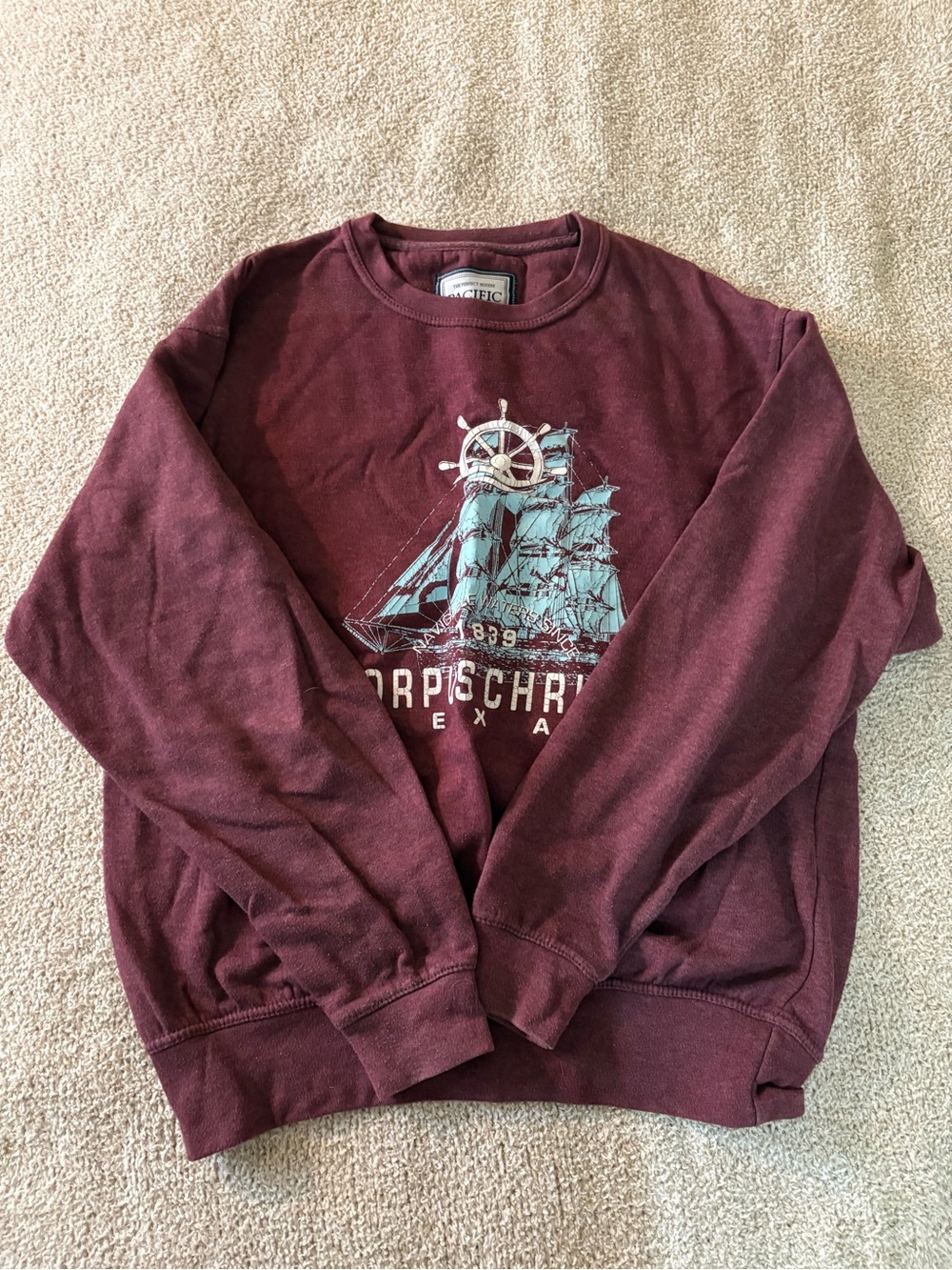 Maroon Graphic Crewneck Sweatshirt with Nautical Ship